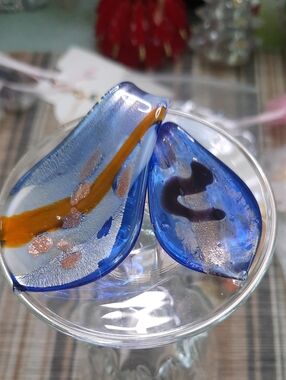 Murano Blue Art Glass Leaf Vase Accent with Amber & Gold Detail